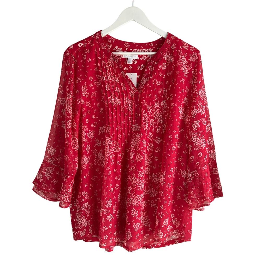 CHARTER CLUB TOP WOMENS XLARGE PINTUCK POPOVER FLORAL BLOUSE STRAWBERRY PINK NEW